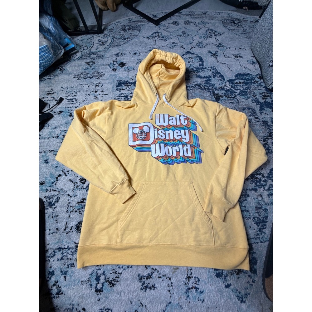 Walt Disney World Retro Rainbow Graphic Hoodie Yellow Mens Medium Pullover